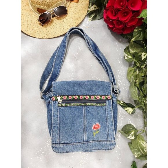 Handbags - Vintage 90s Denim Embroidered Boho Crossbody Handbag Hipster